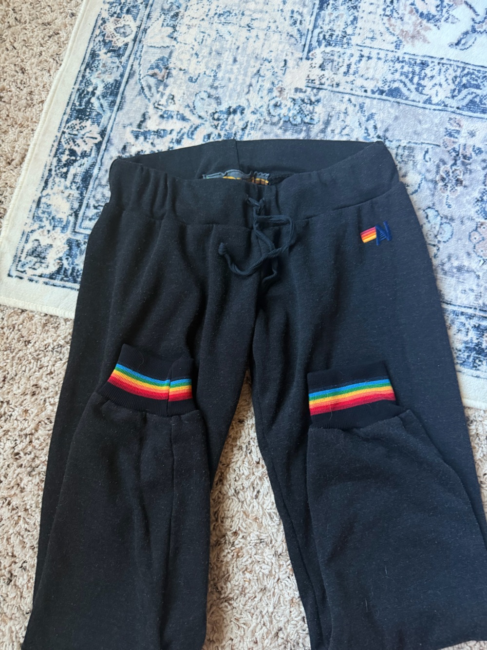 Aviator Nation Black Sweatpants with Rainbow Stripe Accents